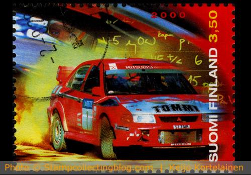 Mitsubishi racing car on stamp