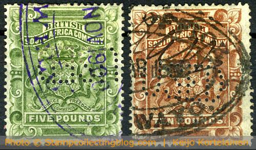 1892 BSAC - 5£ and 10£ stamps with revenue/fiscal usage. 1892 BSAC - 5£ and 10£ stamps with revenue/fiscal usage.