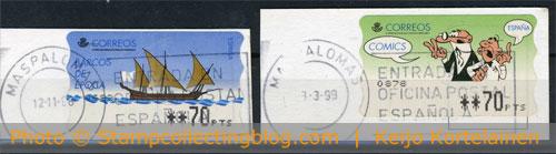 Spain. Michel#ATM19 (1998) and ATM24(1998). Face value of 70pts.ea. Spain. Michel#ATM19 (1998) and ATM24(1998). Face value of 70pts.ea.