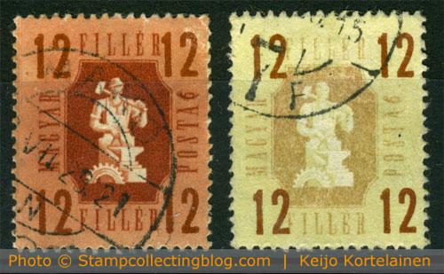 1946 Hungary - 12 filler definitive postage stamp. On the left a normal used copy, on the right a copy with changed background color. Michel #949, cat. value 0.10€ 
