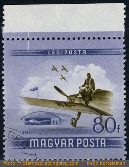 1954 Hungary - Aviators day stamp with plate flaw. 