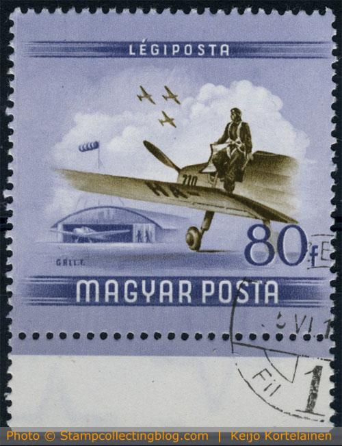 1954 Hungary - Aviators day stamp.  Training plane Zlin Z 22 Junak. Michel #1379, cat. value 0.30€.