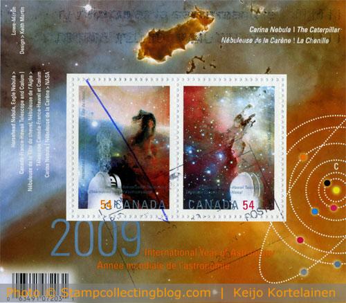 2009 Canada - International Year of Astronomy m/s. Notice pen cancellation on the left side stamp. 