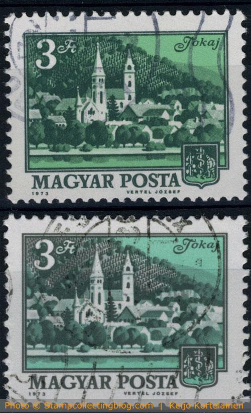 1973 Hungary - 3ft definitive postage stamp. On top normal copy, below dark green color missing. 1973 Hungary - 3ft definitive postage stamp. On top normal copy, below dark green color missing.