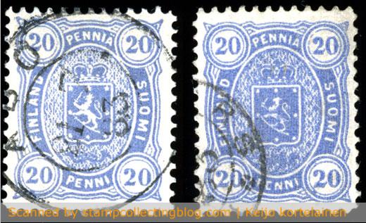 Finland 1882, 20p. Notice the difference in details (like stars) in design. Finland 1875/1882 20p blue. Notice the difference in details (like stars and letters) in coat of arms.