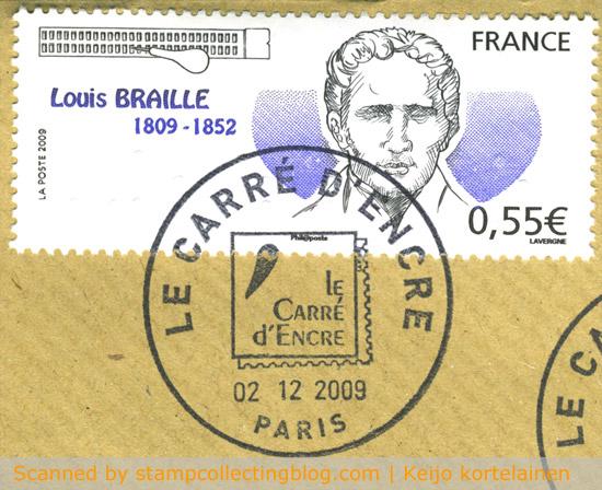 2009 France - Louis Braille commemorative stamp. The stamp has embedded braille inscription. 2009 France - Louis Braille commemorative stamp. The stamp has embedded braille inscription.
