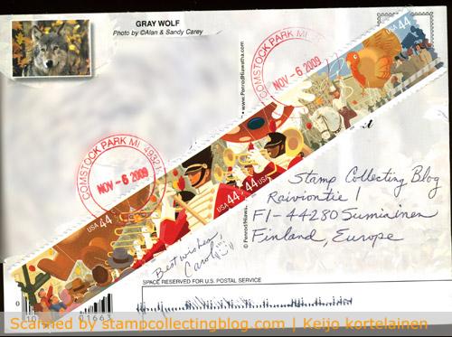 2009 - US Thanksgiving parade day stamp set on postcard. 2009 - US Thanksgiving parade day stamp set on postcard.