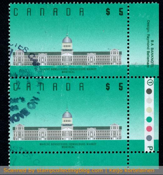 1990 Canada - Bonsecours-Market (Montreal), 5CA$ definitive stamp. Used pair with "traffic lights" on the selvage. 1990 Canada - Bonsecours-Market (Montreal), 5CA$ definitive stamp. Used pair with "traffic lights" on the selvage.