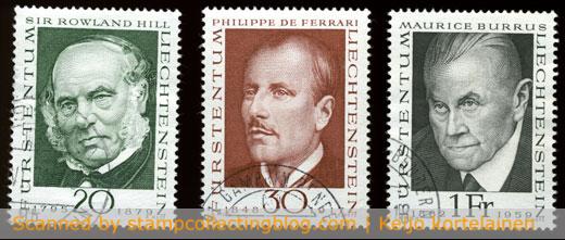 Some of the pioneers of philately / stamp collecting on Liechtenstein stamps issued in 1968.