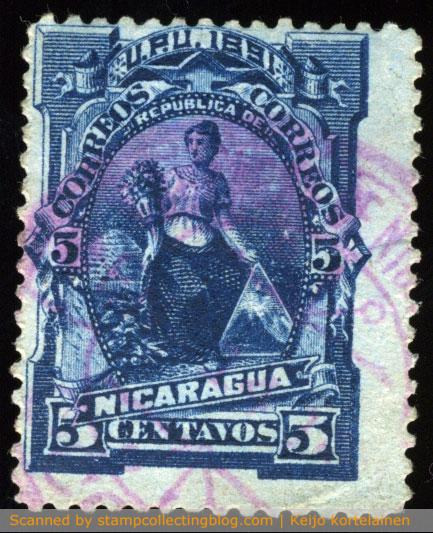 Nicaragua 1891 - 5 centavos blue. Possibly a Seebeck reprint (with counterfeit cancel). Nicaragua 1891 - 5 centavos blue. Possibly a Seebeck reprint (with counterfeit cancel).