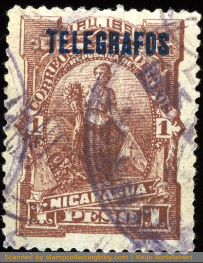 1891 Nicaragua - 1 peso brown used as telegraph stamp. 1891 Nicaragua - 1 peso brown used as telegraph stamp.