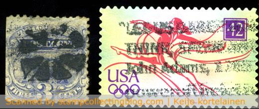 Straight from an exchange lot... A killer cancel on 18th century US stamp; these can be quite attractive though they do kill the stamps design. On the right a modern day US "spray cancel". Straight from an exchange lot I received yesterday... A killer cancel on 18th century US stamp; these can be quite attractive though they do kill the stamps design. On the right a modern day US "spray cancel".