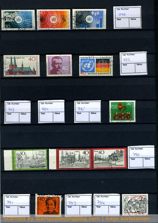 Some West-German stamps on stock book page.  Notice the use of placeholders for missing stamps. 