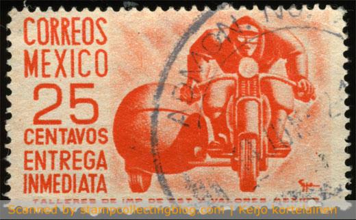 1950/52 Mexico - 25c express delivery postage stamp. The design of the stamp is in the core of Art Deco: curvilinear forms, sharply defined outlines,bold colors, and fascination with machinery and modernity. 