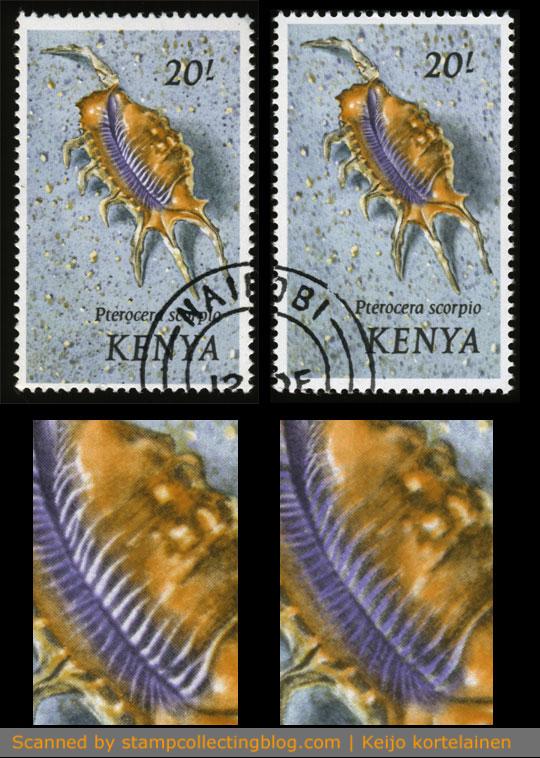 1971 Kenya - 20sh seashell stamp with Pterocera Scorpio. Notice the difference in blueviolet area on the desing (enlarged below). 1971 Kenya - CTO-used 20sh seashell stamp with Pterocera Scorpio. Notice the difference in blueviolet area on the desing (enlarged below).