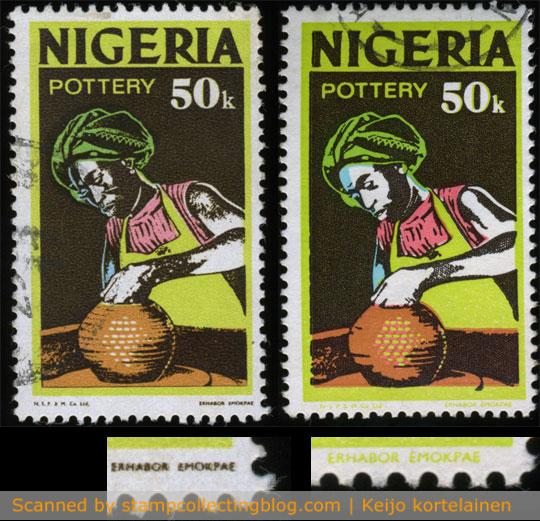 1973 Nigeria - Pottery, 50k definitive postage stamp. On the left photogravure (unwatermarked paper), on the right offset (watermarked paper). Once again there are multiple differences besides watermark such as different color and size of footer inscription. 