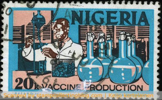 1973 Nigeria - Vaccine production, 20k definitive postage stamp, offset (watermarked paper). I believe this stamp has omitted gray color (on testing bottles). 