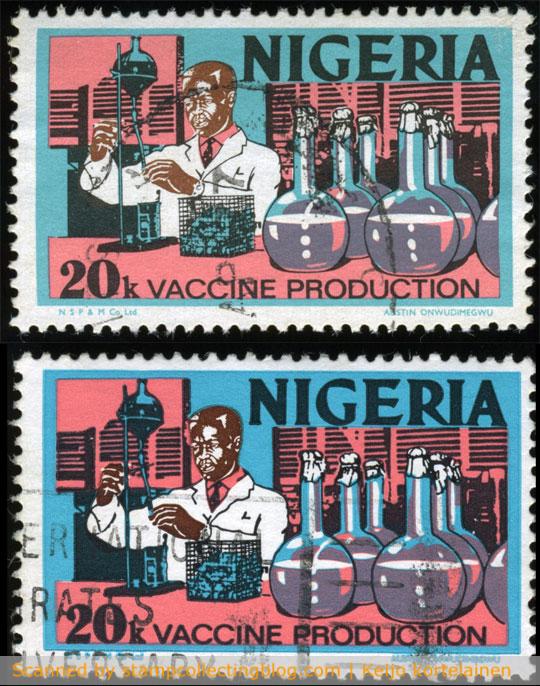1973 Nigeria - Vaccine production, 20k definitive postage stamp. On top photogravure (unwatermarked paper), below offset (unwatermarked paper). 