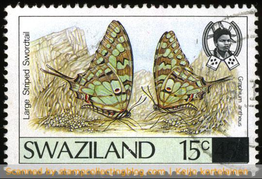 1990 Swazilandia – Emisión definitiva sobrecargada 15/45c – Graphium Antheus. Michel #580, valor cat. 100€. 1990 Swazilandia – Emisión definitiva sobrecargada 15/45c – Graphium Antheus. Michel #580, valor cat. 100€.
