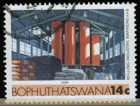 1986 Bophuthatswana, 14c milling industry. Additional value to 1985 definitive stamps series displaying various industries. 1986 Bophuthatswana, 14c milling industry. Additional value to 1985 definitive stamps series displaying various industries.