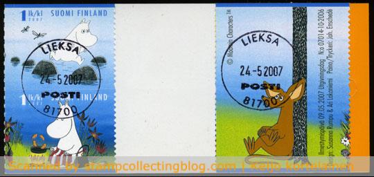 Finland, 2007. Moomin summer. Pair of canceled stamps + side label still attached on booklet back cover. Many Finnish stamp dealers use either complete or partial booklet panes for parcel postage. As stamps are self-adhesives attached on the booklet covers, they are usually cancelled and mailed "as is" to keep the entity as whole Finland, 2007. Moomin summer. Pair of canceled stamps + side label still attached on booklet back cover. Many Finnish stamp dealers use either complete or partial booklet panes for parcel postage. As stamps are self-adhesives attached on the booklet covers, they are usually mailed "as is" to keep the entity as whole.