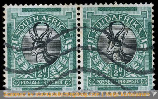 1930/45 South Africa, ½d Springbok (antelope). This is a sample of so called unhyphenated pictorials as country name “Suidafrika” is joined as one word; later this was changed to two words with the insertion of a hyphen “Suid-Afrika”. Michel #45/46. 1930/45 South Africa, ½d Springbok (antelope). This is a sample of so called unhyphenated pictorials as country name “Suidafrika” is joined as one word; later this was changed to two words with the insertion of a hyphen “Suid-Afrika”. Michel #45/46.
