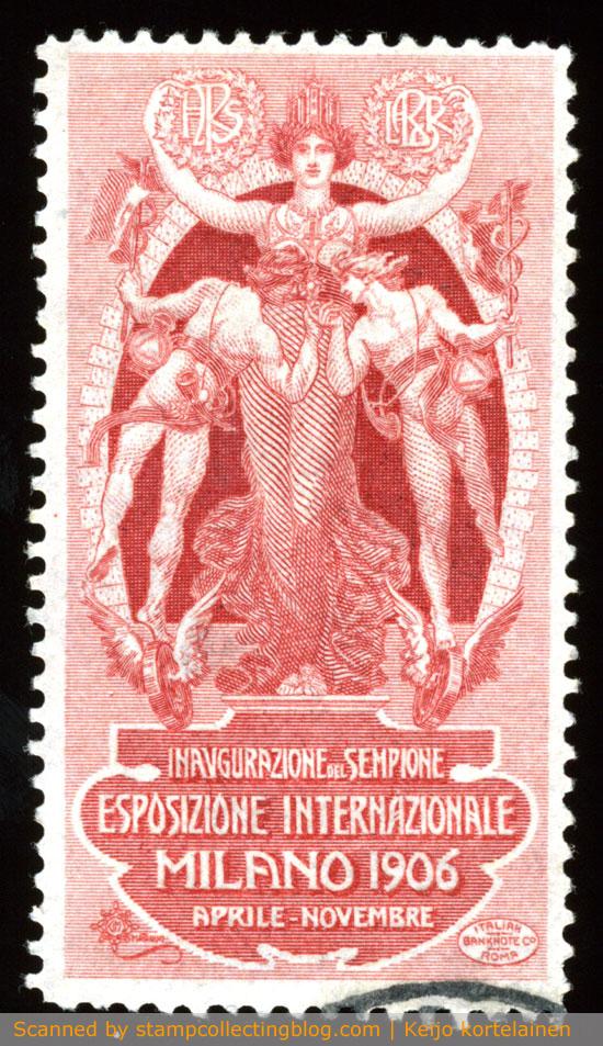 1906 Italy. Vignette for Milan World Fair exhibition. Design commemorates the theme of the exhibition - transportation (thus a pair of Mercury /Herme's), inauguration of Paris- Milan railway, and completion of Alpine Tunnel of Sempione. 1906 Italy. Vignette for Milan World Fair exhibition. Design commemorates the theme of the exhibition - transportation (thus a pair of Mercury /Herme's), inauguration of Paris- Milan railway, and completion of Alpine Tunnel of Sempione.