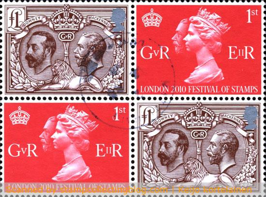 2010 GB. A close up of stamps from pane #1.
