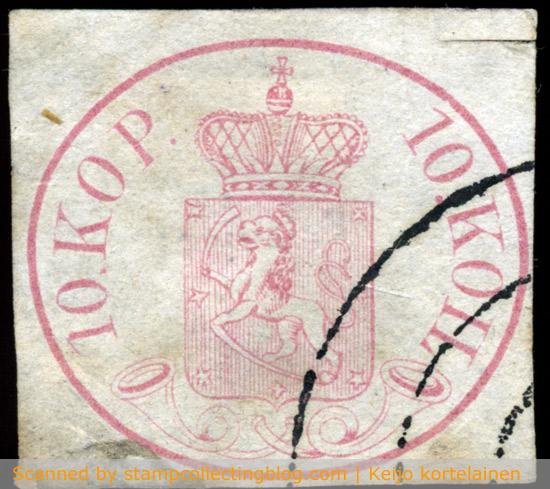 A forgery of Finnish 1856 10 kop oval stamp. Pretty much all the details (crowns, lion, stars, posthorns, impression/print output, postmark etc) look wrong when compared to real thing. A forgery of Finnish 1856 10 kop oval stamp. Pretty much all the details (crowns, lion, stars, posthorns, impression/print output, postmark etc) look wrong when compared to real thing.
