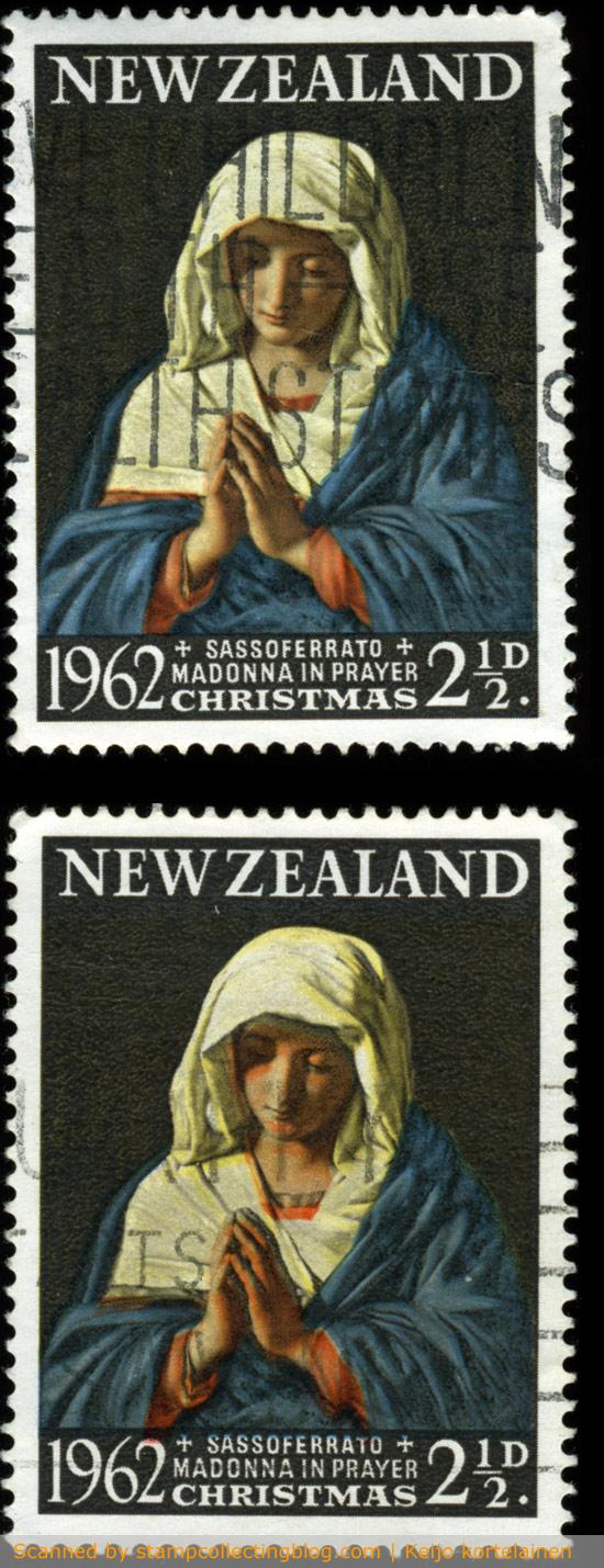 1962 New Zealand. The lower stamp has a very noticeable shift of red color. 1962 New Zealand. The lower stamp has a very noticeable shift of red color.