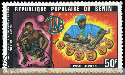 1977 Benin. National lottery.  This is one of those few 'from rags to riches' stamps I'm aware of.  CTO-used, Michel #86, cat. value 0.50€. 