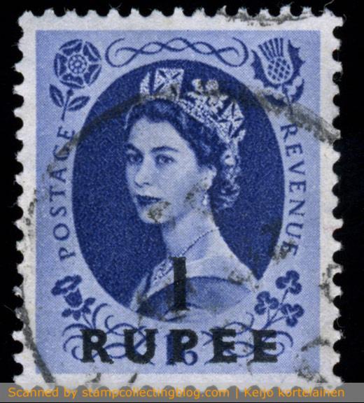 1956, British Postal Agencies in Eastern Arabia. 1 RUPEE on 1/6d blue UK Queen Elizabeth "Wilding" design, watermark St Edward's Crown E2R. 1956, British Postal Agencies in Eastern Arabia. 1 RUPEE on 1/6d blue UK Queen Elizabeth "Wilding" design, watermark St Edward's Crown E2R.