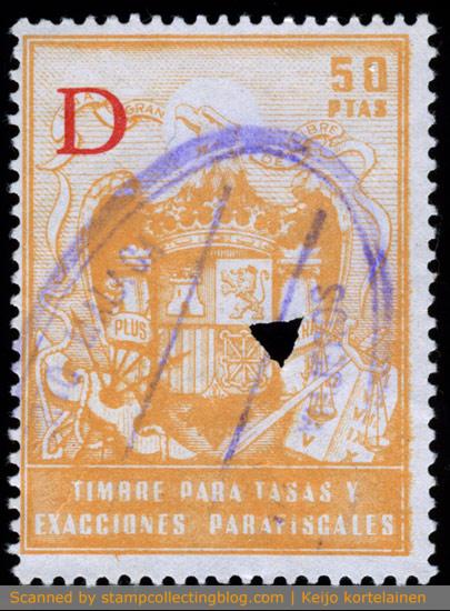 Spain. Spain. The inscription 'Timbre para tasas y exacciones parafiscales' means literally 'fees and parafiscal charges stamp'.The nominal value of 50 pesetas is pretty obvious, but what does the large overprinted red capital D mean? And what about the triangle shaped punch / perfin hole? Spain. The inscription 'Timbre para tasas y exacciones parafiscales' means literally 'fees and parafiscal charges stamp'.The nominal value of 50 pesetas is pretty obvious, but what does the large overprinted red capital D mean? And what about the triangle shaped punch / perfin hole?