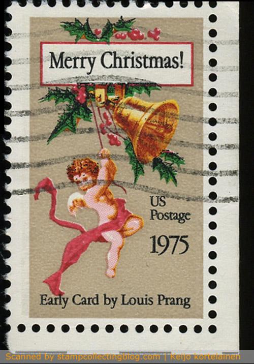 1975 US Christmas. The NVI Christmas stamp displays an early Christmas postcard design by Louis Prang. 1975 US Christmas. The NVI Christmas stamp displays an early Christmas postcard design by Louis Prang.