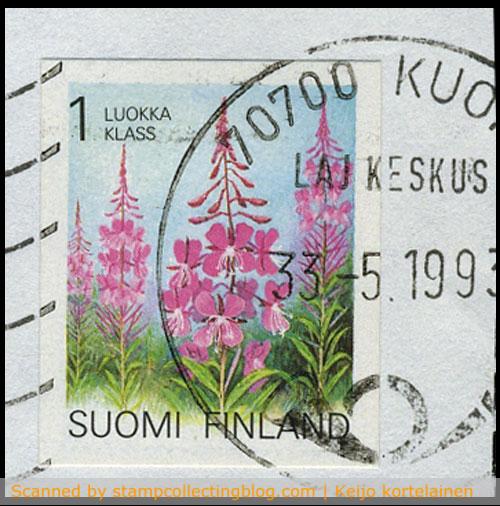 1992 Finland. Definitive stamp displaying rosebay willowherb. Notice the misdated 33rd May 1993 cancellation. 1992 Finland. Definitive stamp displaying rosebay willowherb. Notice the misdated 33rd May 1993 cancellation.