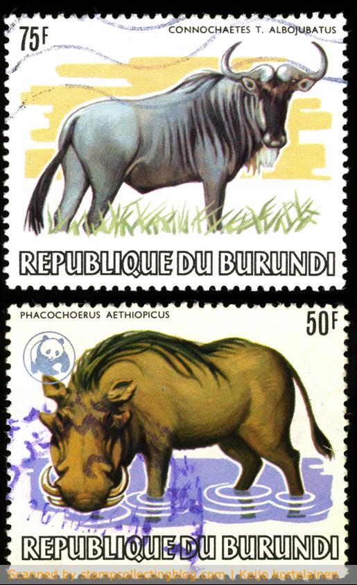 1982/3 Burundi.  The 75F Wildebeest stamp is catalogued at whooping 120€, and the 50F with silver WWF-overprint is of equal catalog value.  But in real world (eBay etc) these are sold for much less.  For what I've read, only the high value of the set is truly difficult to obtain, the rest (like mine) are somewhat common (and hugely overvalued in catalogs).
