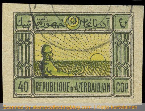 1920 Azerbaijan, 40k Farmer at sunset. Shift of black print. 1920 Azerbaijan, 40k Farmer at sunset. Shift of black print. Soviet Govt. re-issue, Michel 3y