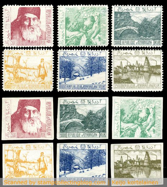 Azerbaijan bogus stamps from the 1920s. Perf and imperf sets. Azerbaijan bogus stamps from the 1920s. Perf and imperf sets.