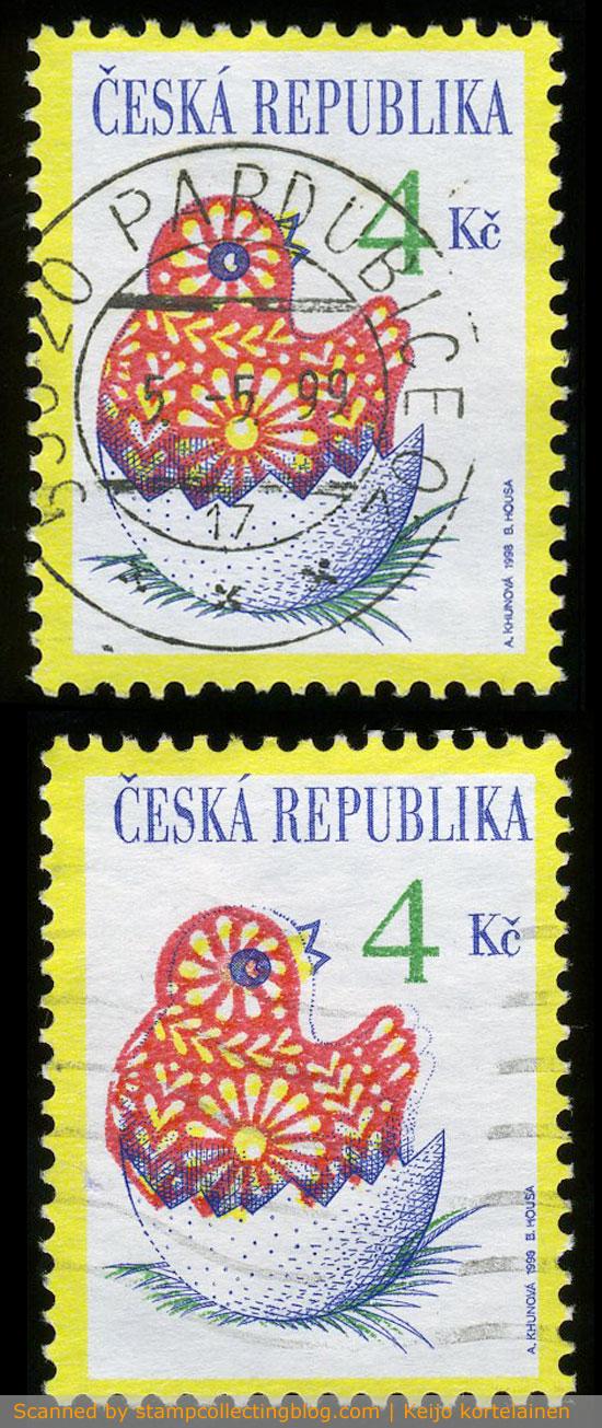 1998 Czech Republic. Easter. Blue color has shifted notably on lower stamp. 