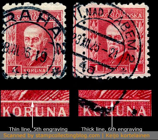 1926 Czechoslovakia. President Masaryk, 1 Koruna stamp, 5th and 6th engraving, perf 9¾. 