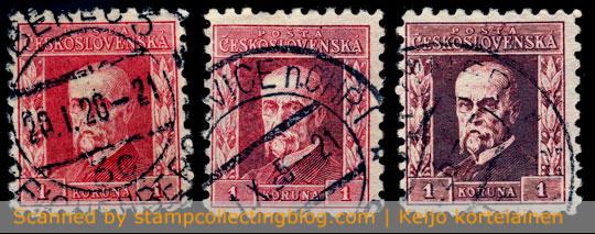 1925 Czechoslovakia. President Masaryk, 1 Koruna stamp, 3rd engraving, perf 9¾. For some reason this engraving seems to be somewhat prone to oxidation (meaning red color can convert to dark brown / black).