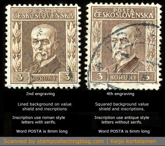 925/26 Czechoslovakia. President Masaryk, 3 Koruna stamp. Differences between 2nd and 4th engraving stamps.