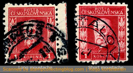1927 Czechoslovakia.  President Masaryk, 1 Koruna stamp, short and long moustache retouches. 