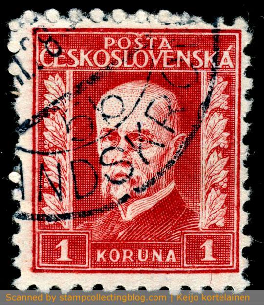 1927 Czechoslovakia. President Masaryk, fourth series features just this 1 Koruna stamp.  It is the only 1 Koruna Maseryk stamp with diagonally upward laurel branches. 