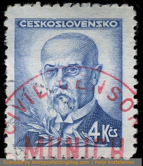 1946 Czechoslovakia. Definitive series, 4 Koruna blue with red US Civil censorship / MUNICH postmark.