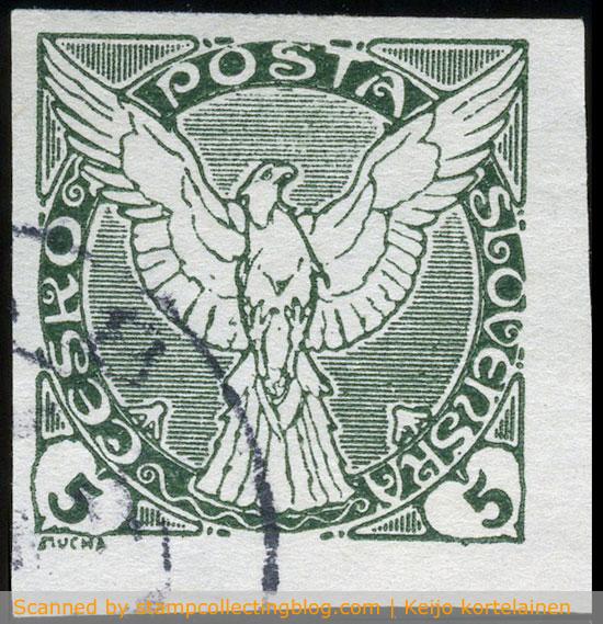1920 Czechoslovakia, 5 Haleru newspaper stamp. The Flying Falcon (aka Sokol) by Alphonse Mucha is one of the best known examples of classic stamp design. 