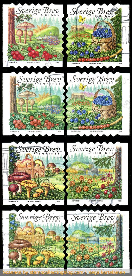 2004 Sweden. Harvesting berries & mushrooms.  The stamps show regular print as well a known print variation, where the color of (red) berries and mushroom are paler due to low inking. 
