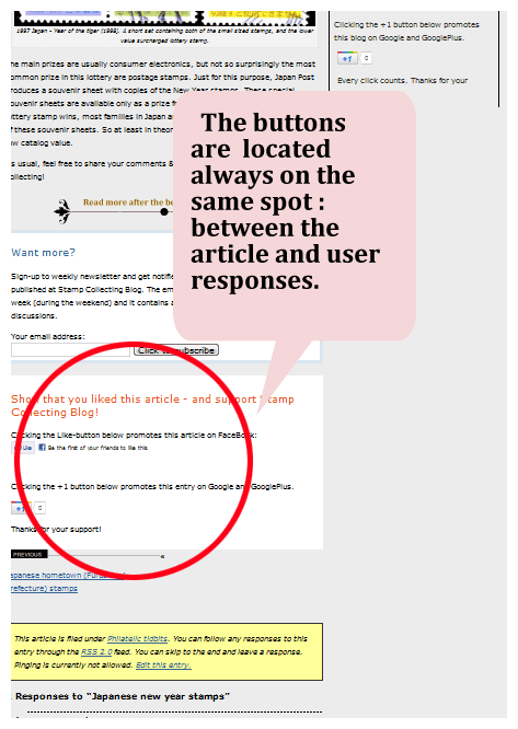 A visual guide on how to locate the Like and PlusOne buttons.