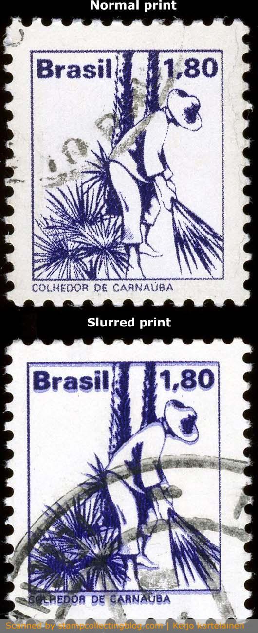1978 Brazil. 1.80 Cr violet, collecting leaves of Carnauba palm (Colhedor de Carnauba).  Both are printed on phospor paper, but the upper stamp has tagged (phosphorescent) frame around the design.  Notice the doubled impression on borders and inscriptions on lower stamp. 