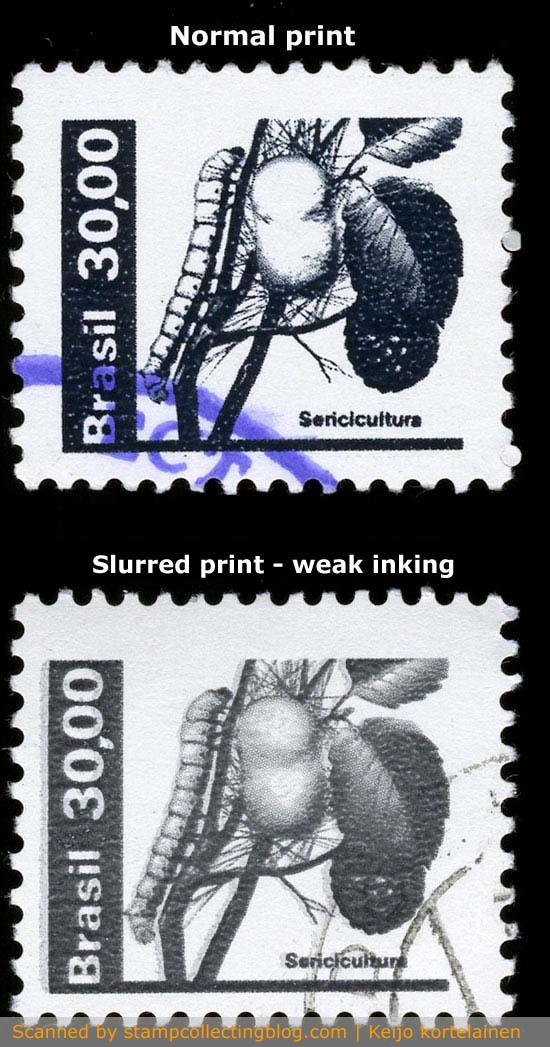 1982 Brazil. 30 Cr. black,  This time the doubled impression is best visible on vertical lines / shapes. The stamp seems to suffer from weak inking as well, as it's supposed to be black instead of grey. 